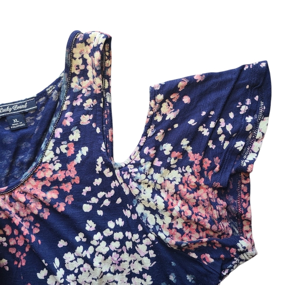 Lucky Brand Navy Floral Cold Shoulder Top XL Boho Flutter Sleeve Blouse - Picture 6 of 11
